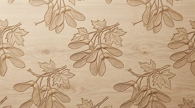 Maple seed and leaf pattern carved into light wooden texture background