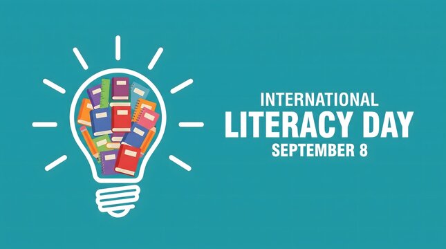International Literacy Day September 8 Banner with Colorful Books Inside Light Bulb on Teal Background