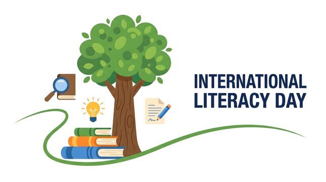 International Literacy Day Banner with Tree Stacked Books Magnifying Glass and Idea Bulb