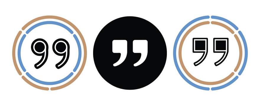 Quotation marks set in circle frames, black quote icons, punctuation symbols, speech communication graphics, citation elements, testimonial concepts, editorial typography, vector design
