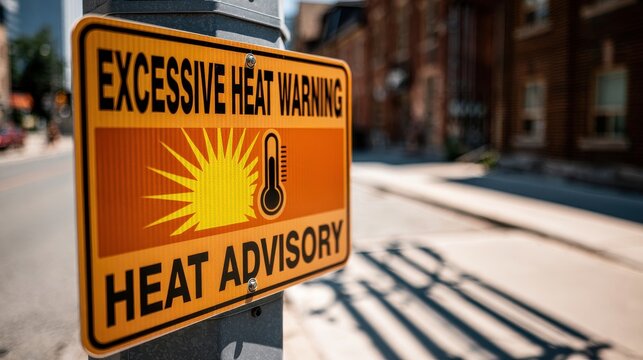 An excessive heat warning advisory sign mounted on a city street pole during a hot sunny day. Great for climate change and extreme weather news.