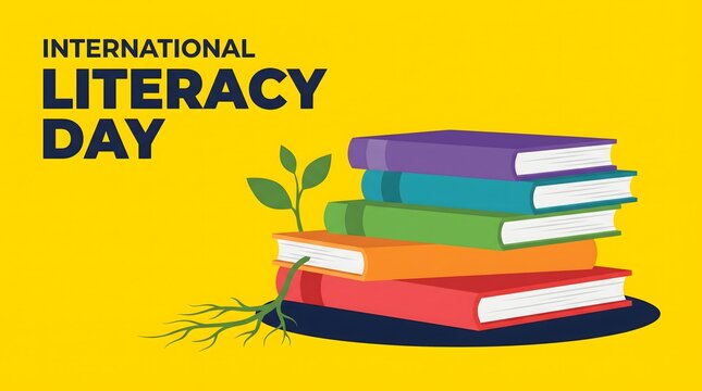 International Literacy Day Banner with Colorful Stacked Books and Growing Plant on Yellow Background