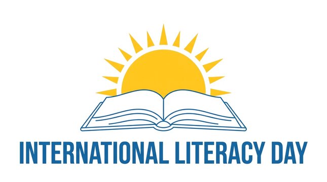 International Literacy Day Banner with Colorful Stacked Books and Growing Plant on Yellow Background