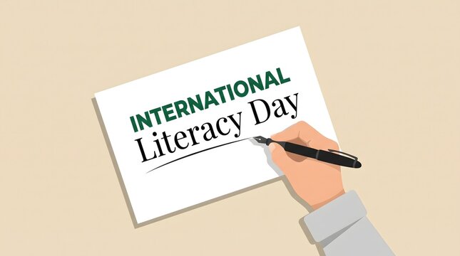 International Literacy Day Banner with Hand Writing on Paper with Pen