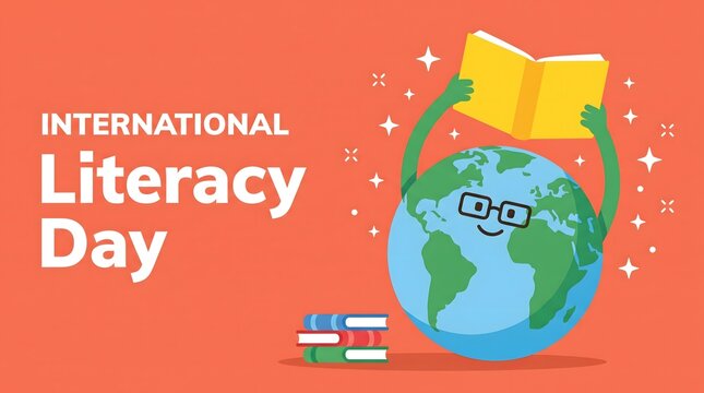 International Literacy Day Banner with Cute Cartoon Globe Character Reading Book