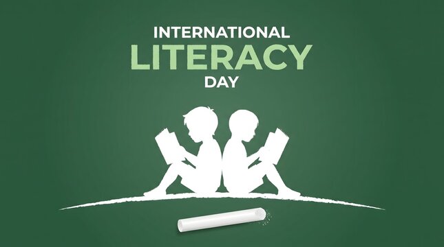 International Literacy Day Banner with Kids Reading Silhouette on Green Chalkboard Background