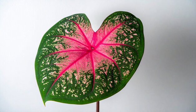 Vibrant Pink and Green Caladium Bicolor Leaf Isolated on Light Background