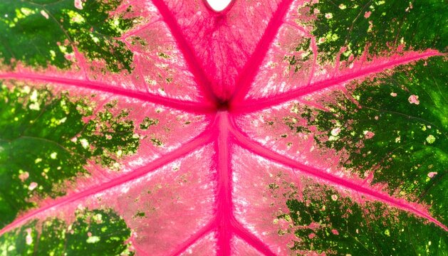 Macro Close-up of Pink and Green Caladium Leaf Texture and Veins