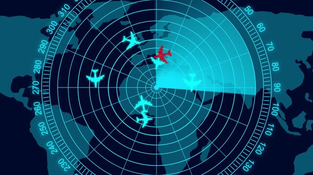 Digital radar screen with airplane tracking and global navigation interface, aviation surveillance system animation for air traffic control and flight monitoring concepts.