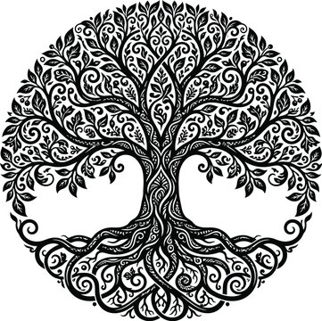 Intricate black and white ornamental tree of life design with swirling roots and branches within a circle