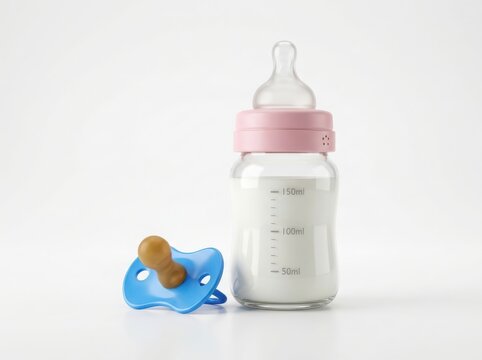 Baby bottle with milk and a blue pacifier isolated on white background
