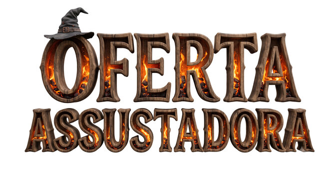 3D fiery wooden Portuguese Oferta Assustadora text with witch hat