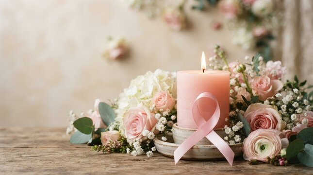 Burning Pink Candle with Pink Ribbon and Roses on Rustic Wooden Table with Copy Space