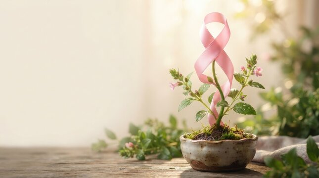 Concept of Growth and Recovery with Plant Forming Pink Ribbon Shape on Wooden Table with Copy Space