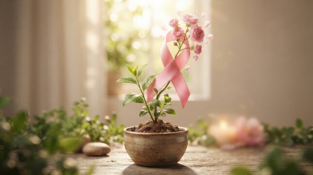 Small Green Plant with Pink Ribbon and Roses in Ceramic Pot with Copy Space