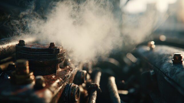 Steam rising from a rusty old car engine with mechanical parts in a workshop. Great for automotive repair and vehicle maintenance concepts.