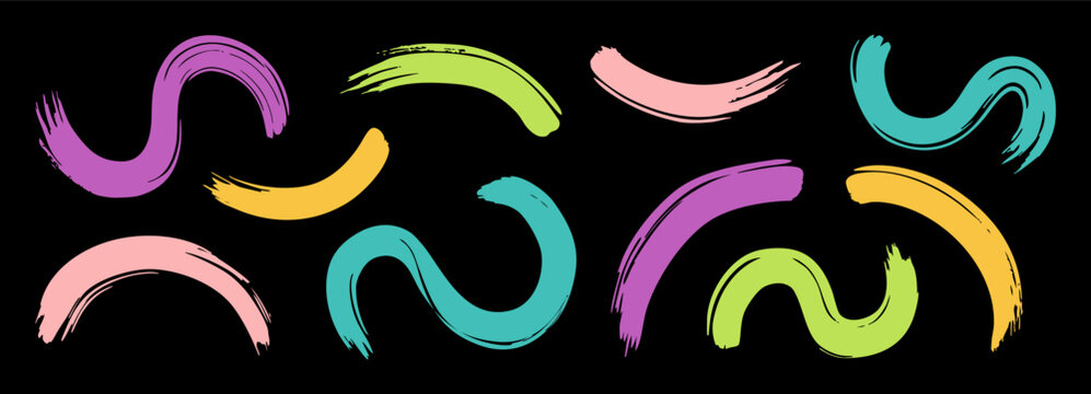 Paintbrush color pattern with arc stroke and abstract Japanese line set. Vector hand drawn smears with black circle and brushstroke ink marker. Paintbrush sketch with stripe wavy texture lines