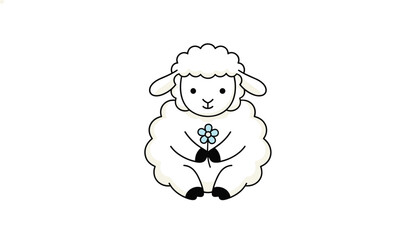 Fototapeta premium Adorable white fluffy sheep sitting down and holding a small blue flower with a gentle smile on its face.