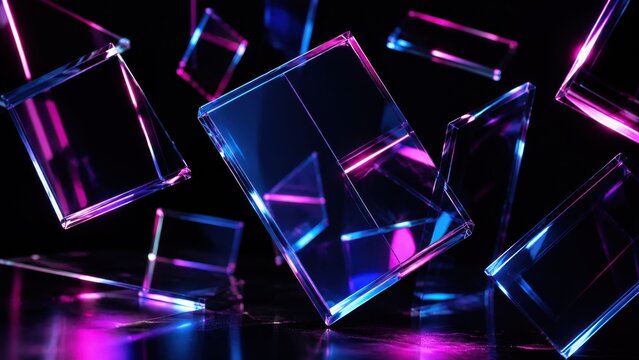 Neon glowing glass panels floating on black background
