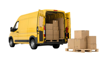 Yellow Delivery Van with Open Rear Doors and Boxes Isolated © Yve Studio