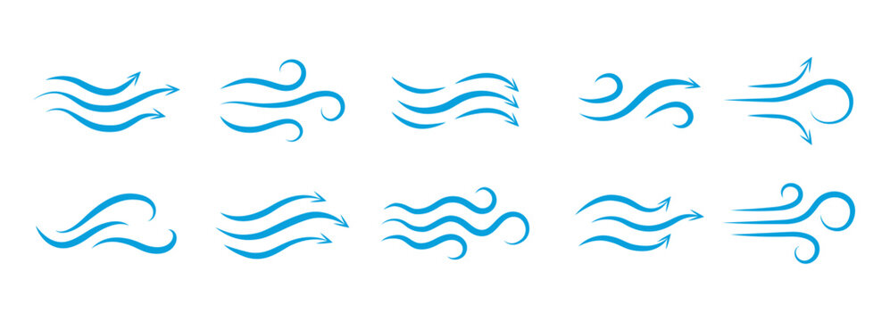 Air arrow windy cold line icon with flow fresh blow. Breeze blowing  and weather smoke, cloud doodle illustration. Vector icon air, wind and airflow airy in doodle style