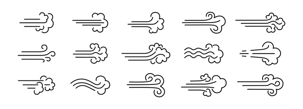Air windy cold line icon with flow fresh blow. Breeze blowing  and weather smoke, cloud doodle illustration. Vector icon air, wind and airflow airy in doodle style