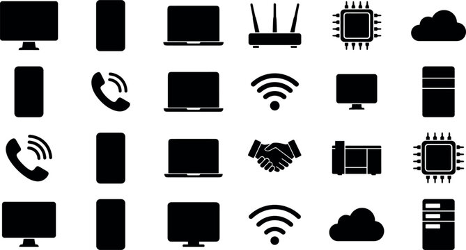 Collection of black flat icons depicting computer hardware communication and networking technology monitor