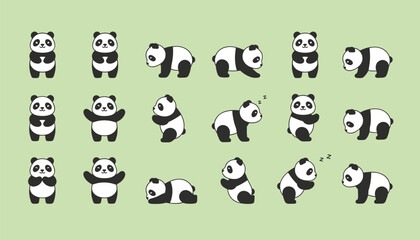 Obraz premium Charming pattern of eighteen pixel art pandas in various cute poses and actions over a light green background.