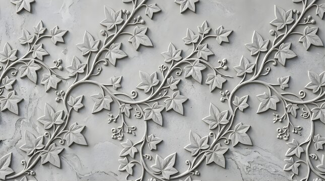 White ivy leaf relief pattern on stone wall texture background