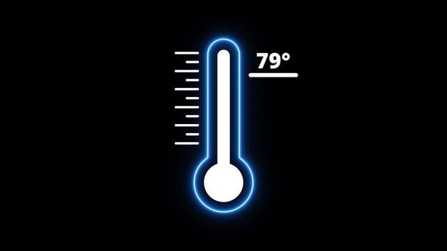 Glowing Neon thermometer icon Indicates weather temperature 79&deg;C. Thermometer equipment showing hot or cold weather. Neon blue thermometer icon with temperature.