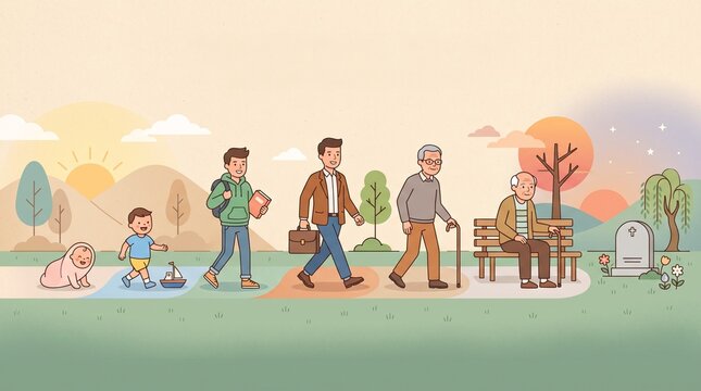 Concept illustration of human life cycle from childhood to old age walking on a path with growing up stages of life passing time growing up generation childhood illustration