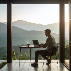 Naklejka premium A man works remotely on a laptop at a modern wooden balcony overlooking serene misty mountains during sunrise. This tranquil workspace evokes freedom, productivity, and professional worklife balance.