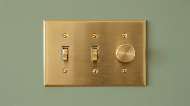 Brushed brass electrical switch plate with four toggle switches