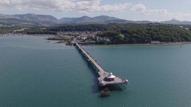 Aerial view of Garth Pier in Bangor. Grade II listed British Victorian pier in the north of Wales, United Kingdom