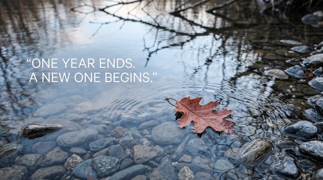 Autumn oak leaf floating on clear shallow river water with stones and inspirational text water reflection time passing text overlay new beginning riverbed environment