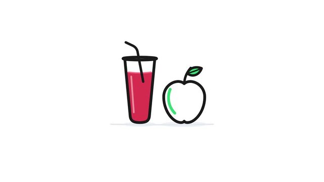 Minimalist healthy juice animation, fresh red smoothie glass with straw and white apple, clean flat vector health concept
