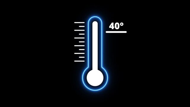 Glowing Neon thermometer icon Indicates weather temperature 40&deg;C. Thermometer equipment showing hot or cold weather. Neon blue thermometer icon with temperature.