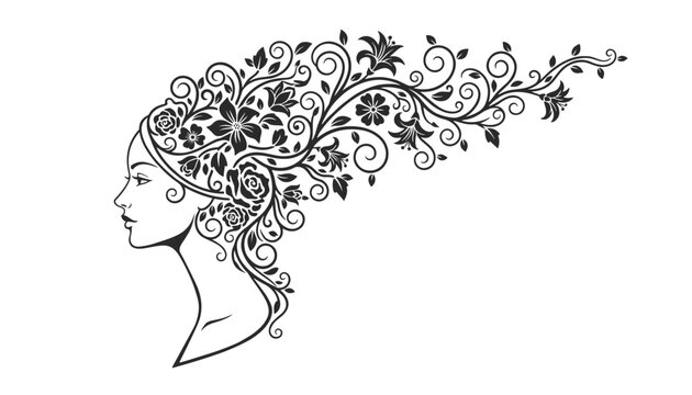 Silhouette profile of a woman with her flowing hair creatively adorned with elegant flowers and swirling vine motifs.