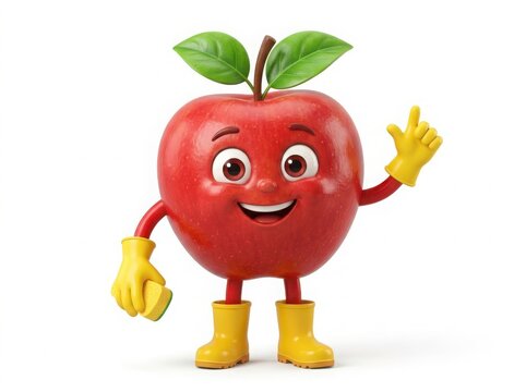 3d cartoon apple character holding a sponge isolated on white background