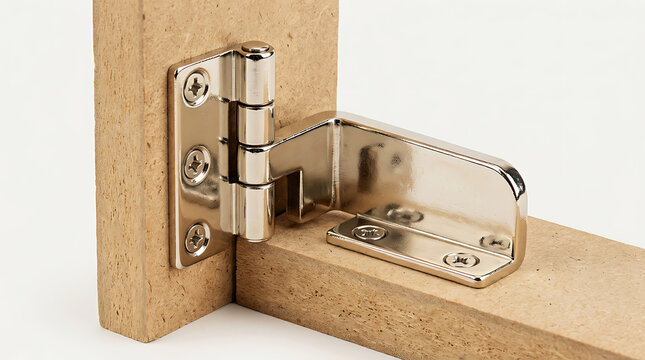 Close-up of antique cabinet hinge on weathered wood brass metal