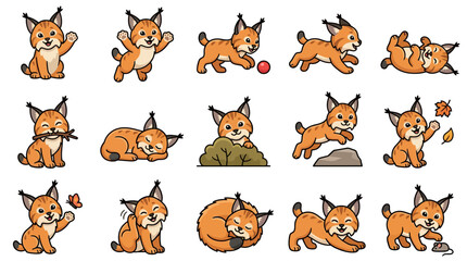 Fototapeta premium Cute cartoon lynx cub collection in various playful poses.
