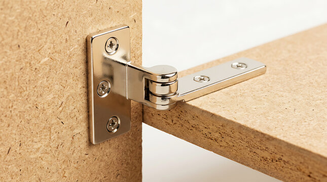 Close-up of cabinet hinge attaching wooden door to frame