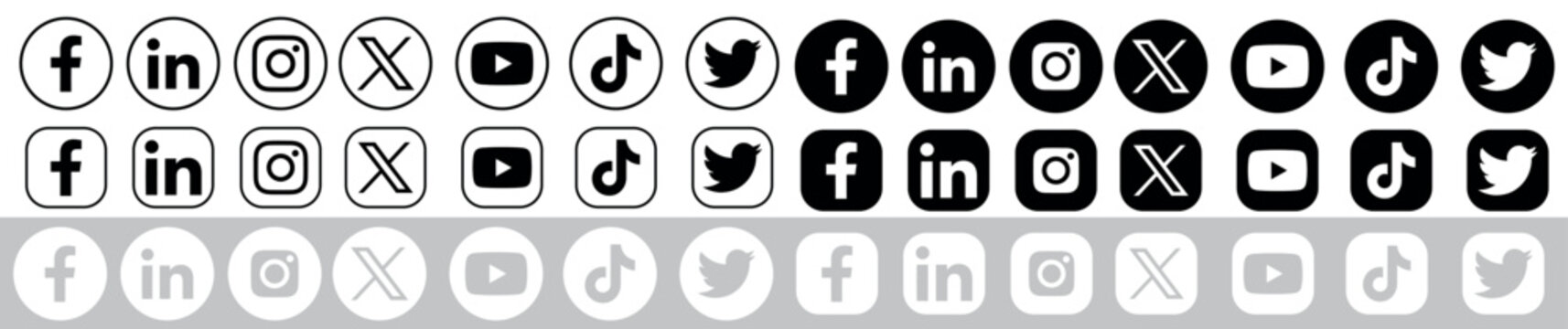 Social media icons set. Facebook, LinkedIn, Instagram, X, YouTube, TikTok, Twitter, Facebook, LinkedIn, Instagram, X, YouTube, tiktok 