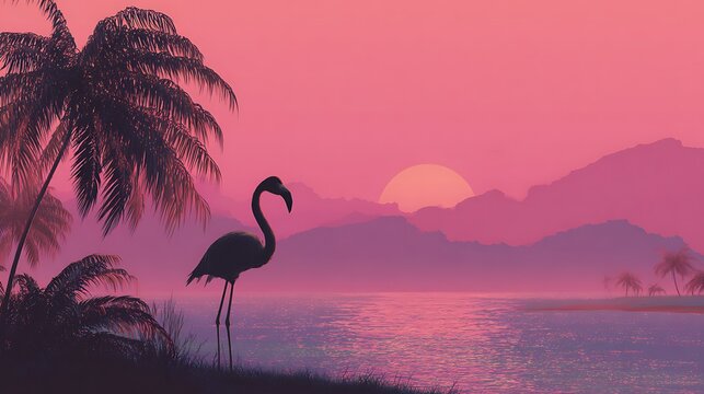 Palm trees silhouetted against pink and orange sunset sky with mountain backdrop