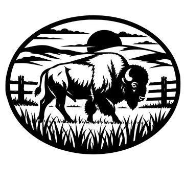 Black and white illustration of a majestic American bison walking through a grassy prairie at sunset inside an oval frame
