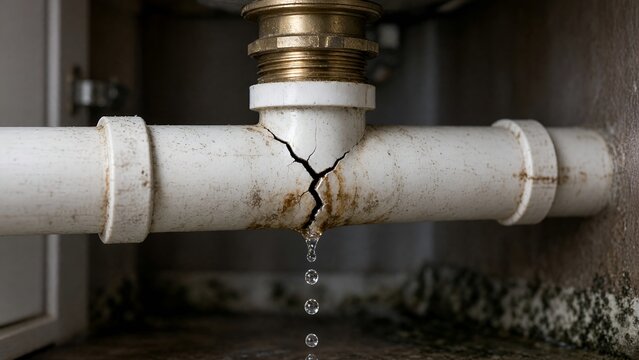 Broken White Plastic Pipe Leaking Water Causing Home Plumbing Damage and Repair Needs