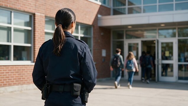 Police Officer Monitoring Students Entering a School Building During the Morning Hours