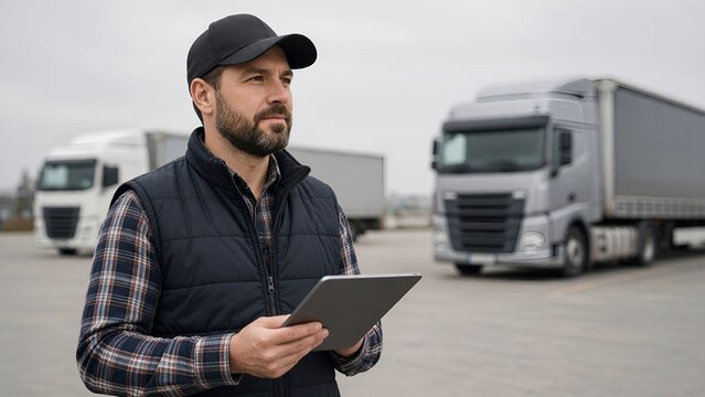 Professional Truck Driver Holding Digital Tablet Checking Logistics at a Freight Terminal