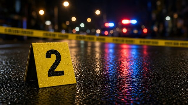 Crime Scene Evidence Marker Number Two Placed on a Wet City Street at Night Investigation