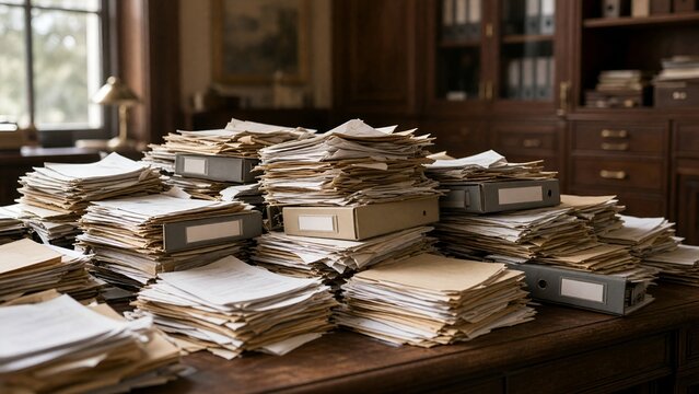 Cluttered Wooden Office Desk Overflowing with Stacks of Important Paperwork and Archive Folders